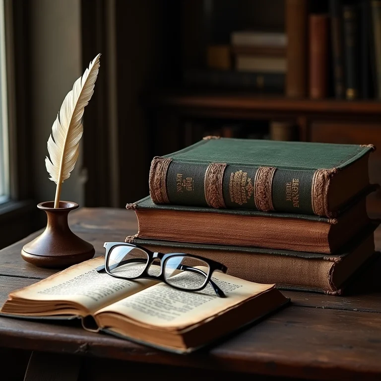 Livros antigos sobre Teatro do Absurdo, óculos e pena sobre mesa de madeira escura.