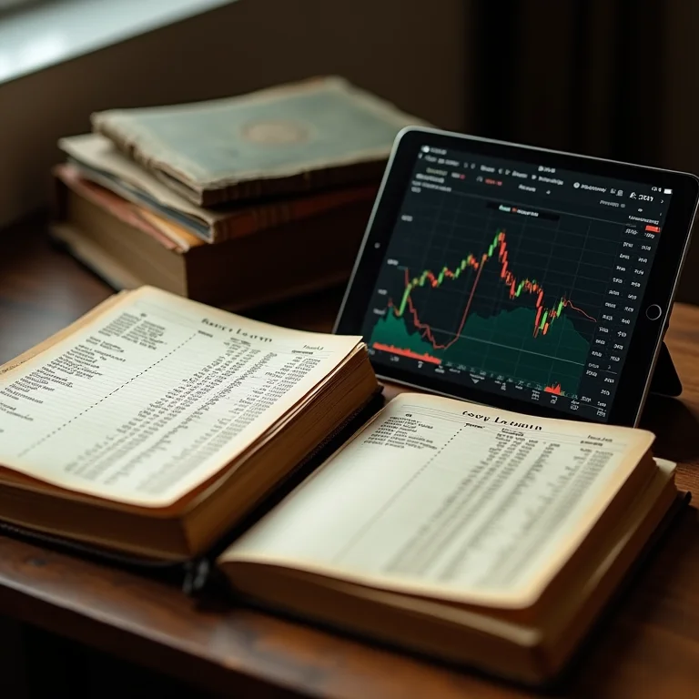 Livros contábeis antigos e tablets com dados do mercado financeiro.