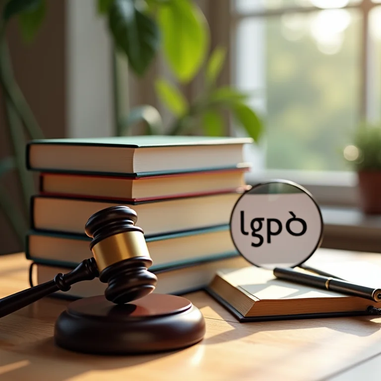 Livros de leis, martelo e lupa focando na LGPD