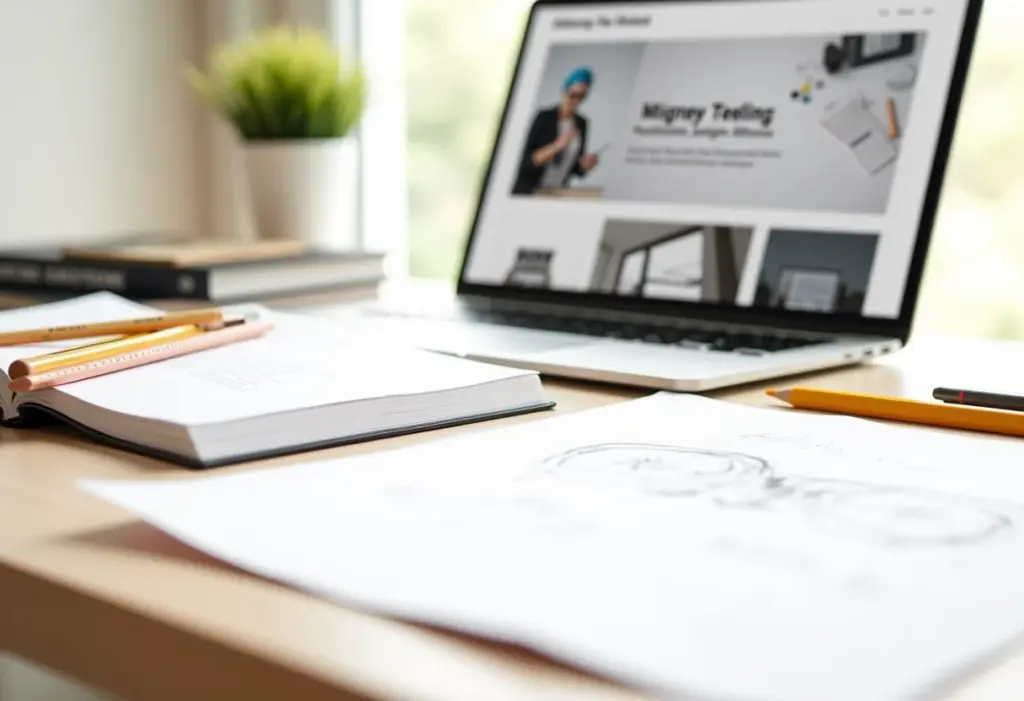 Livros e ferramentas de design dispostos em uma mesa de madeira clara.