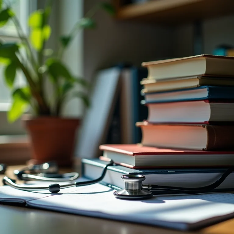 Livros e materiais de estudo organizados em uma mesa, representando as disciplinas e grade curricular do curso de Educação Física