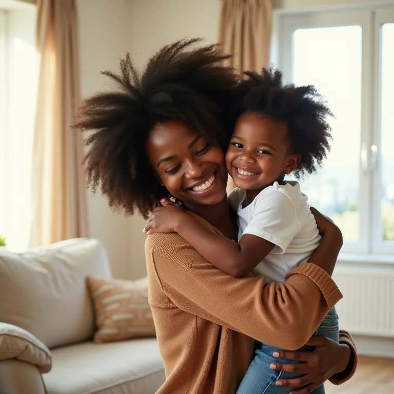 Mãe negra abraçando filho em sala de estar
