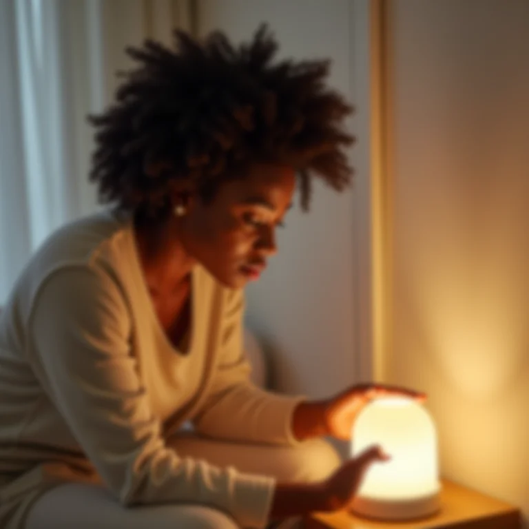 Mãe negra ajustando a iluminação suave do quarto do bebê