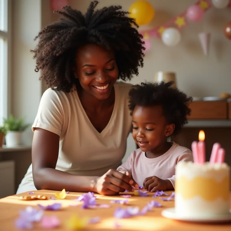 Mãe negra e filha montando decoração de festa