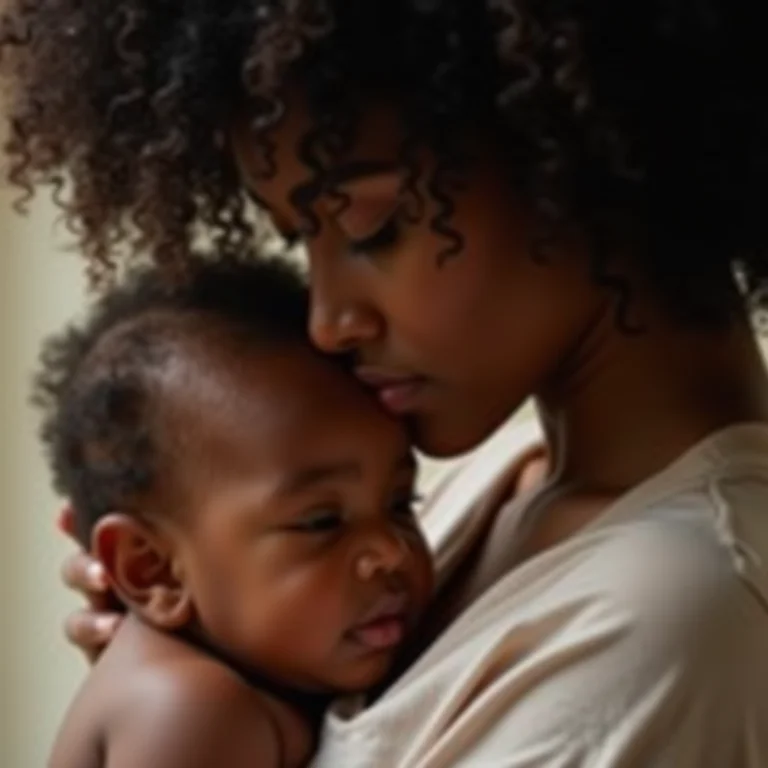 Mãe negra segurando bebê com carinho