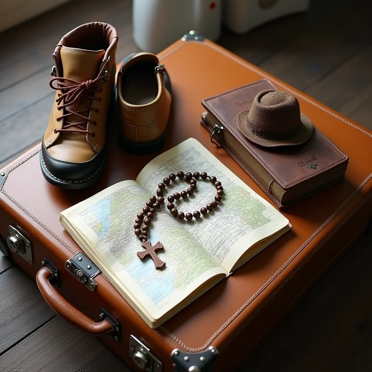 Mala de viagem com itens essenciais para uma peregrinação