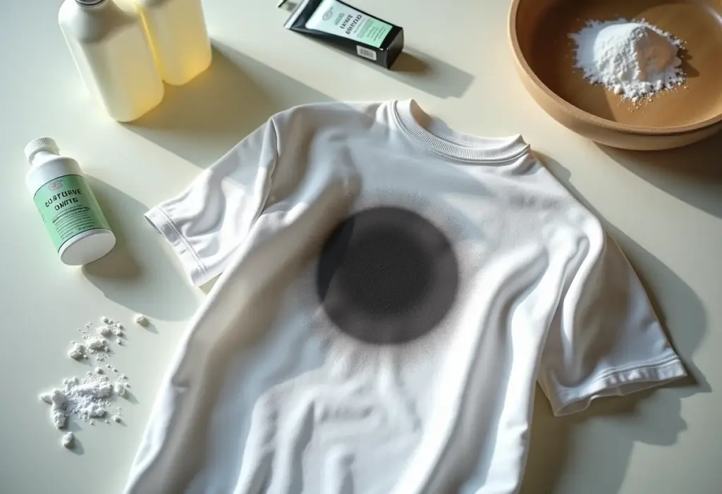 Mancha de carvão em roupa com produtos de limpeza ao redor.