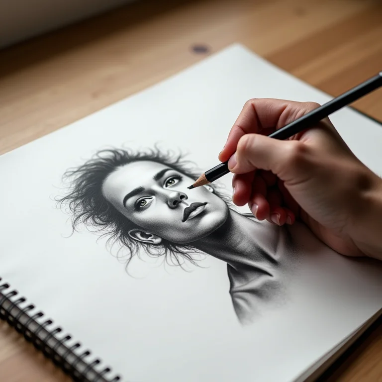 Mão desenhando um retrato com lápis de carvão