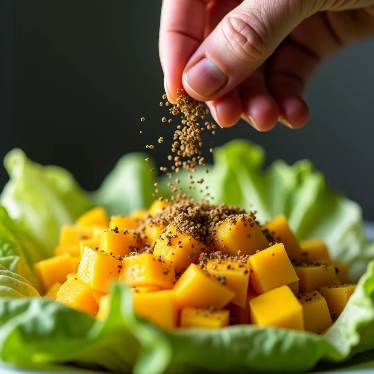 Mão polvilhando ervas e especiarias em salada de alface com manga