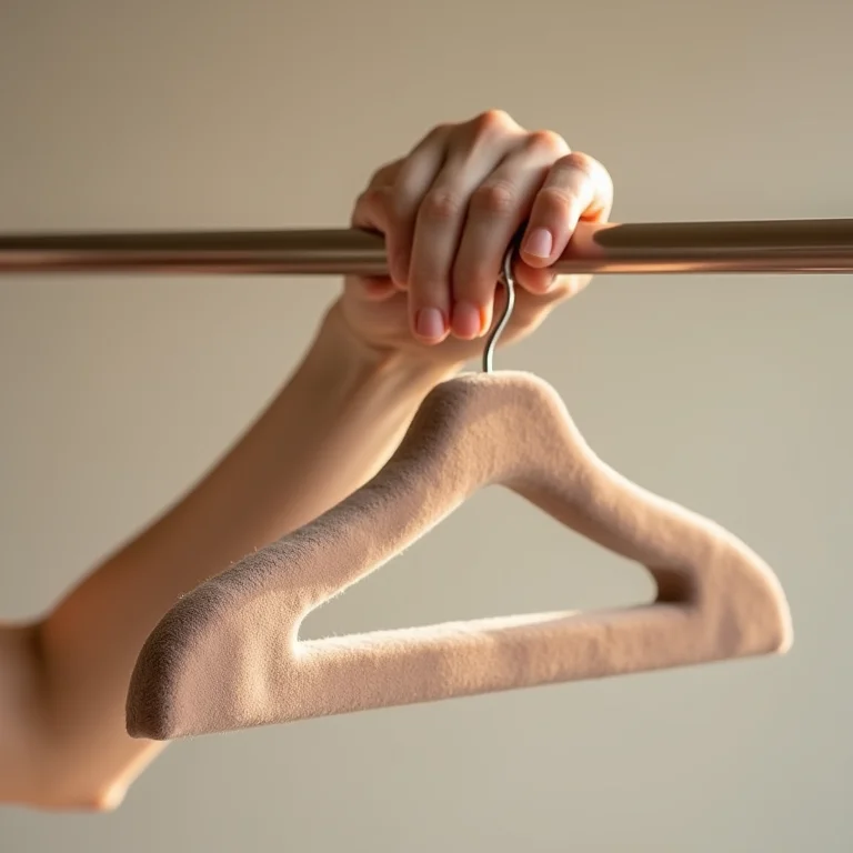 Mão segurando cabide de veludo com firmeza.