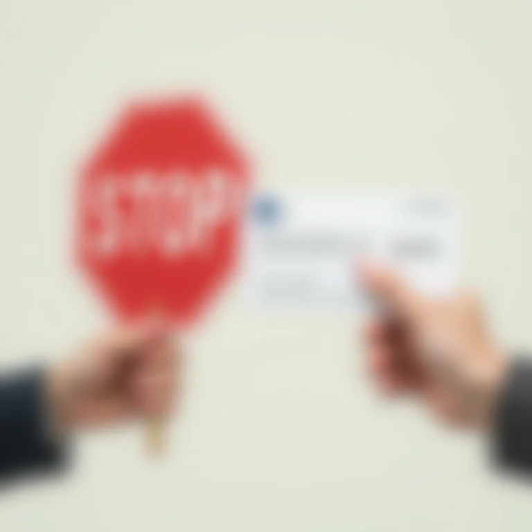 Mão segurando sinal de 'STOP' e cheque, ilustrando a diferença entre sustação e revogação