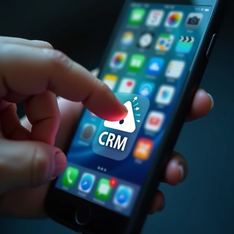 Mão selecionando um ícone de CRM em um smartphone.