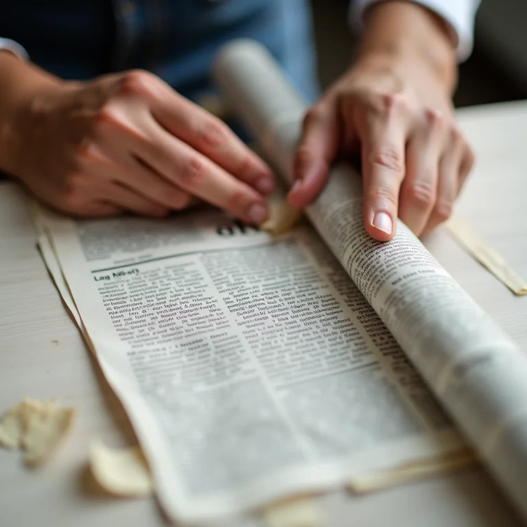 Mãos criando varetas de jornal para cesto.