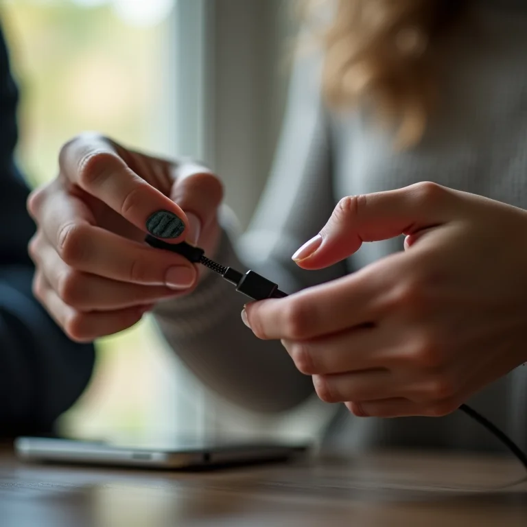 Mãos de mulher examinando a qualidade de um cabo de celular.