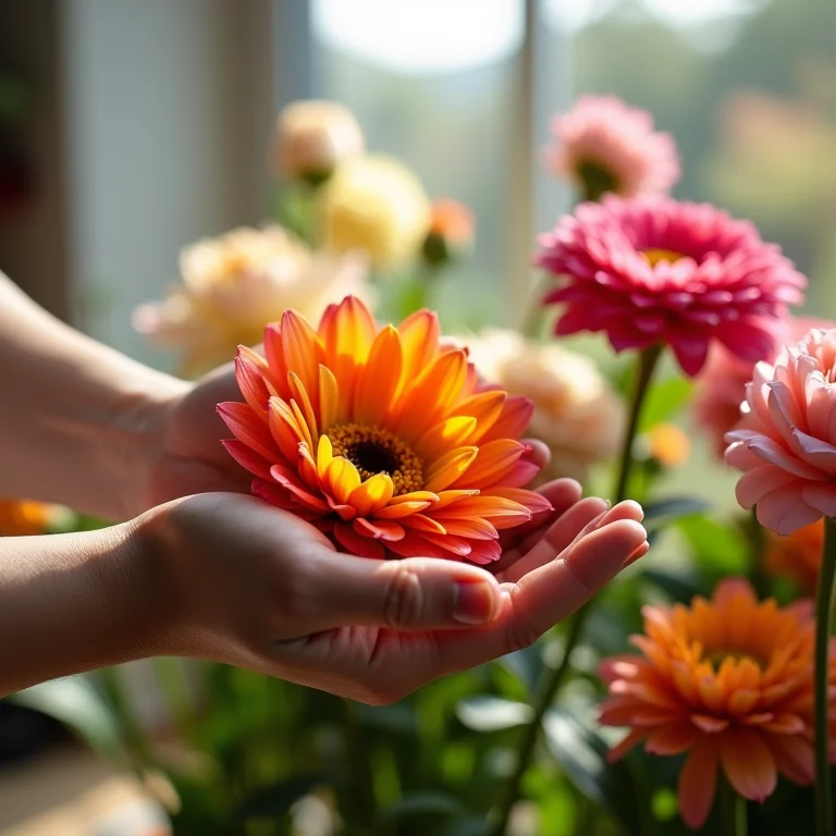 Mãos delicadamente arranjando flores coloridas.
