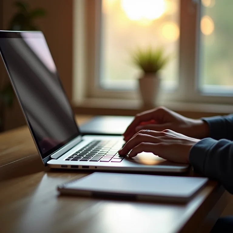 Mãos digitando em um laptop para se inscrever em um curso online.