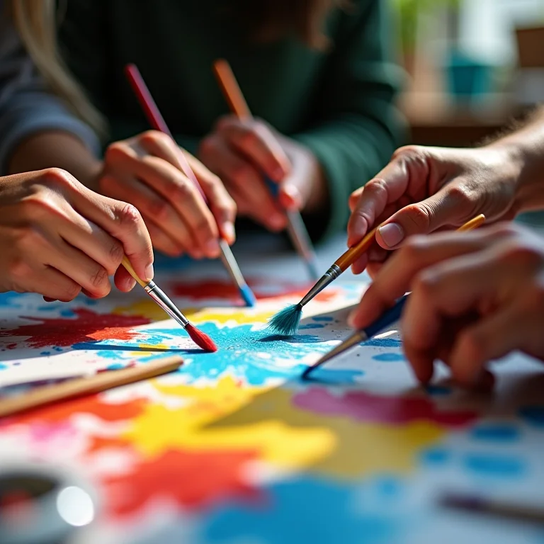 Mãos diversas trabalhando juntas em um projeto de arte colaborativo.