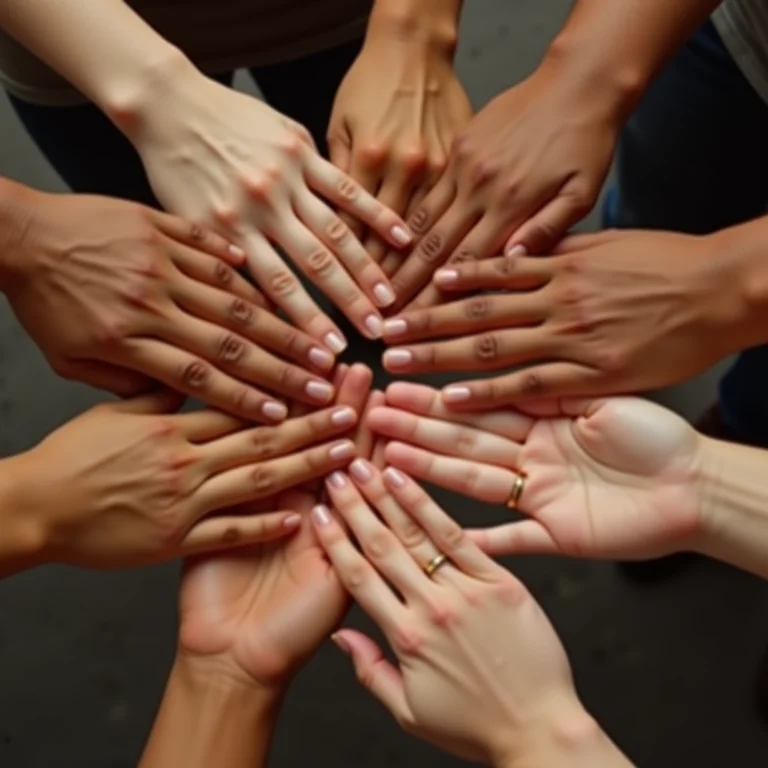 Mãos diversas unidas em um círculo, representando a diversidade e inclusão