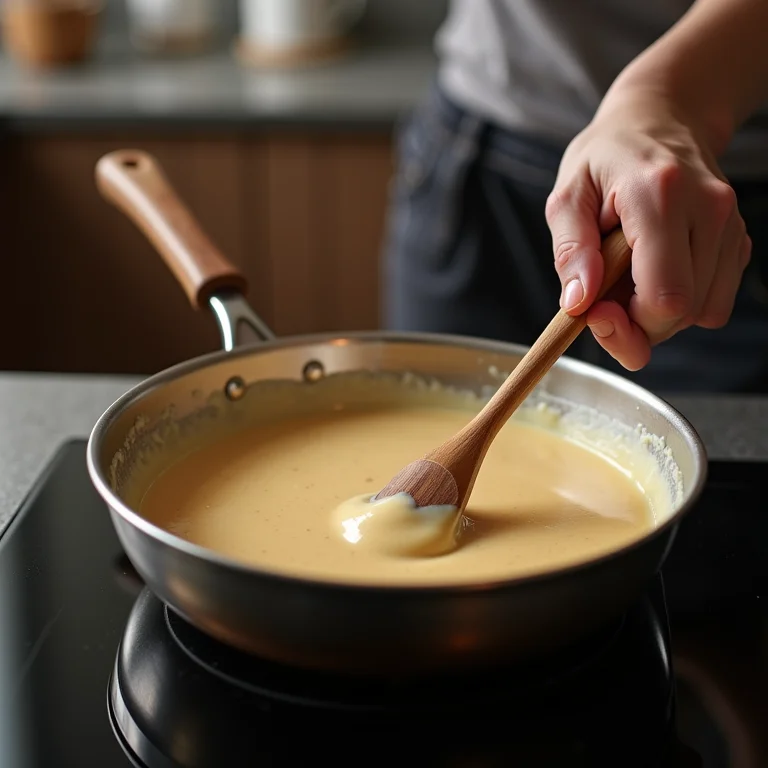 Mãos mexendo brigadeiro de macadâmia cremoso