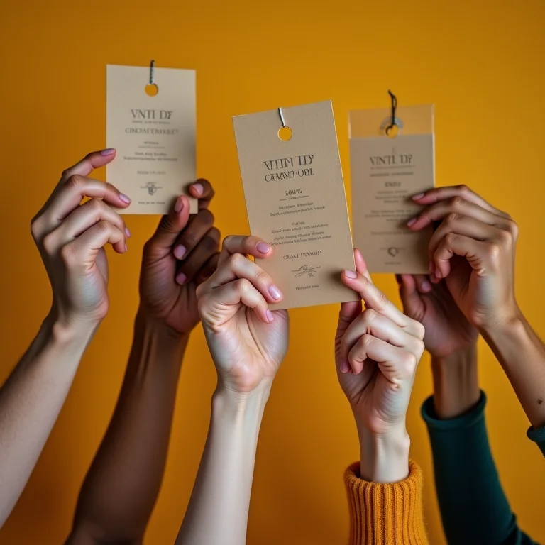 Mãos segurando etiquetas com certificações de moda sustentável