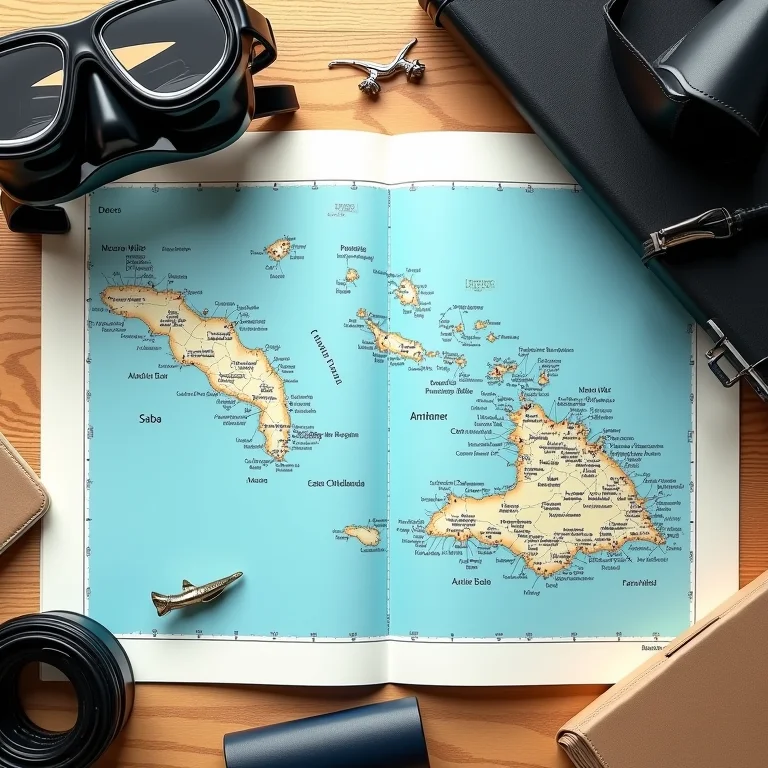 Mapa de Saba destacando os melhores pontos de mergulho.