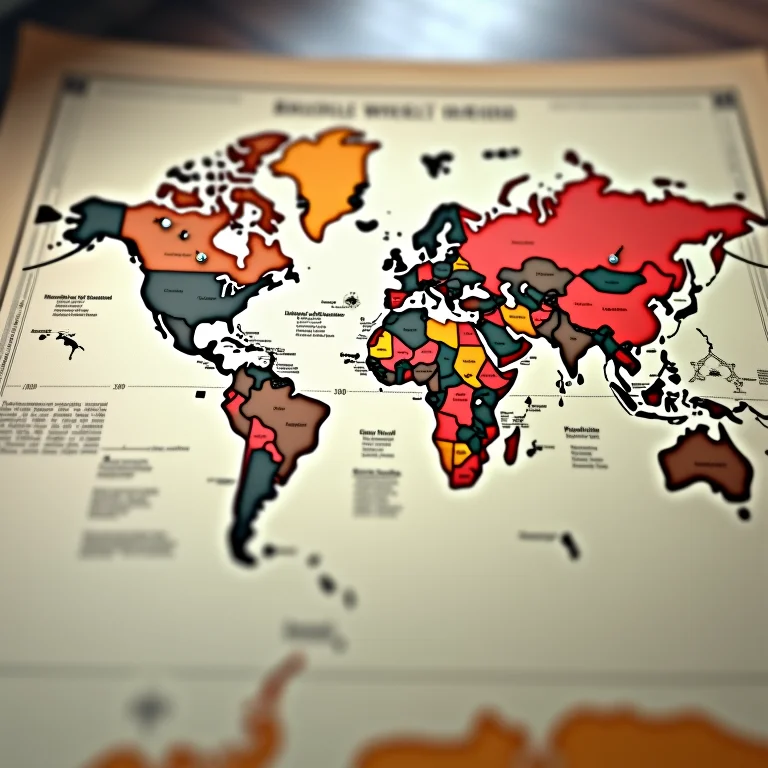 Mapa-múndi vintage mostrando as divisões da Guerra Fria e os locais de boicotes olímpicos.
