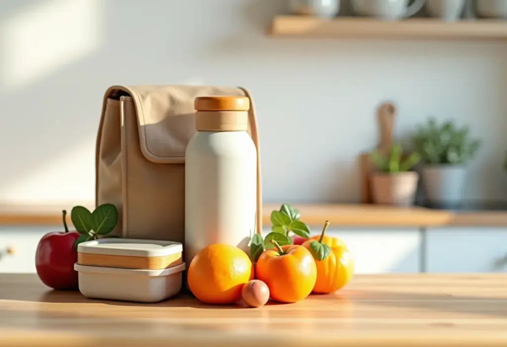 Marmita organizada com recipientes reutilizáveis e frutas frescas