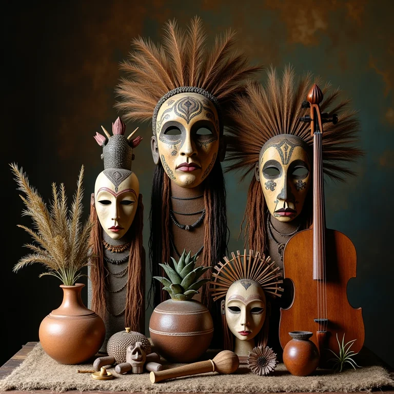 Máscaras indígenas e objetos religiosos católicos juntos.