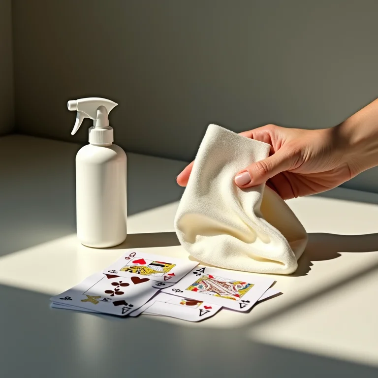 Materiais de limpeza ao lado de baralho de cartas