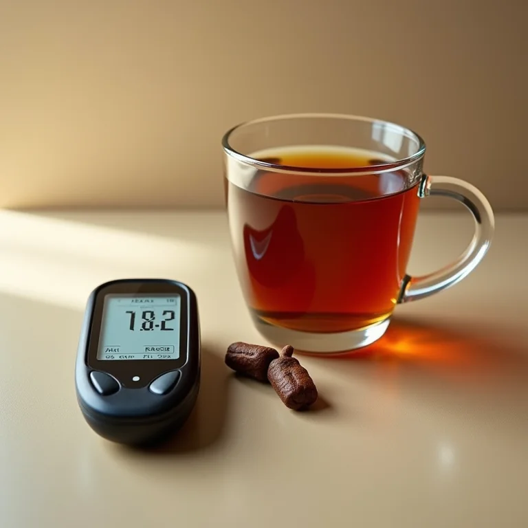 Medidor de glicose mostrando uma leitura, ao lado de uma xícara de chá de Pata de Vaca.