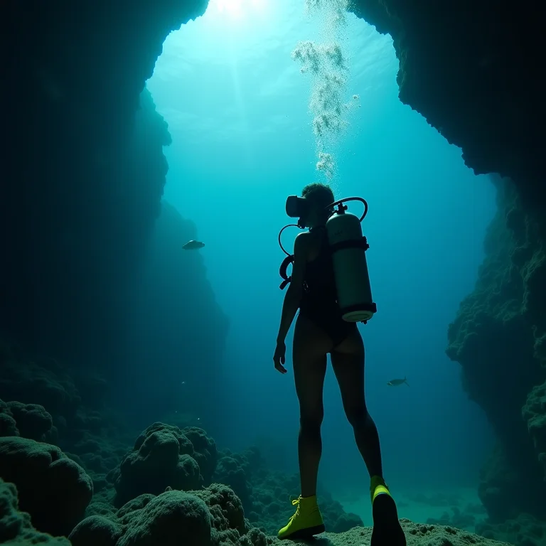 Mergulhadora experiente explorando as profundezas de Noronha.