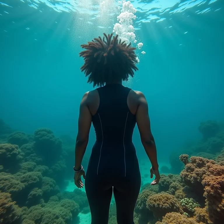 Mergulhadora negra explorando a beleza subaquática da Ilha de Saba.