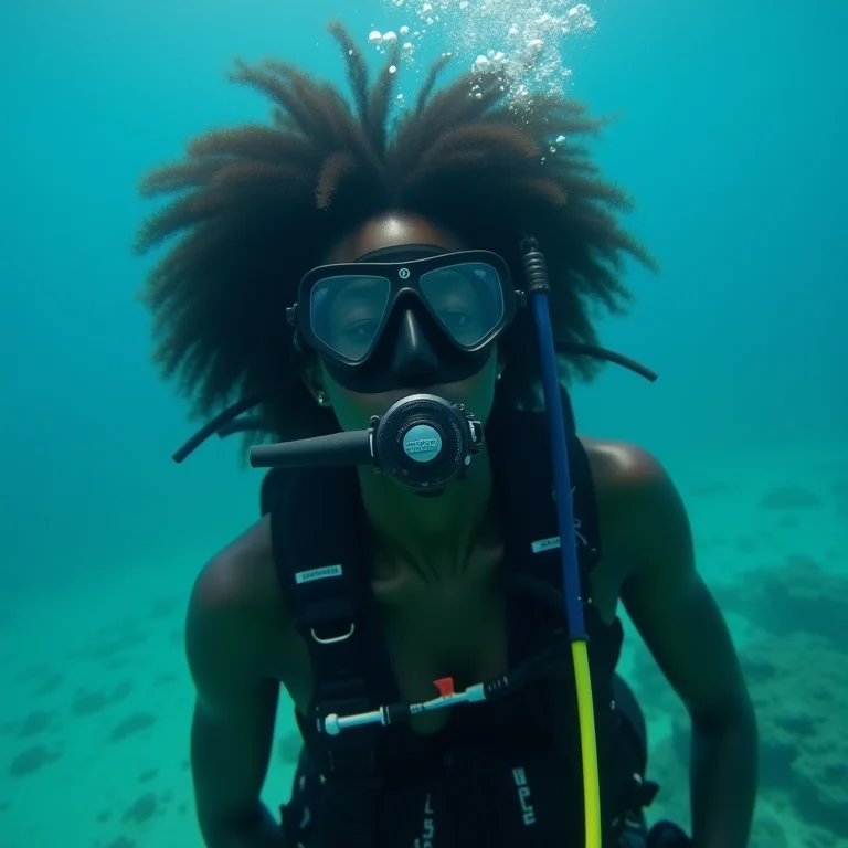 Mergulhadora negra explorando a visibilidade excepcional das águas de Noronha.