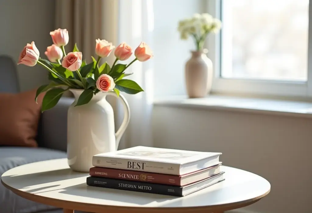 Mesa de centro decorada com livros, flores e objetos decorativos