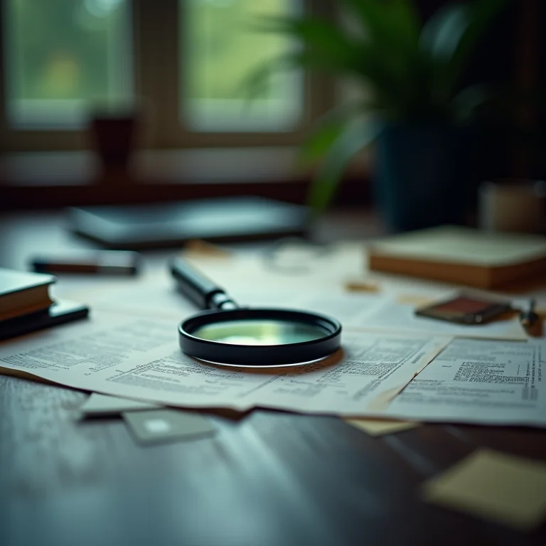 Mesa de detetive com evidências espalhadas.