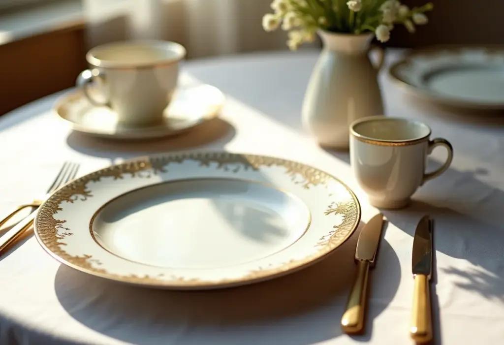 Mesa de jantar elegante com louça de porcelana antiga