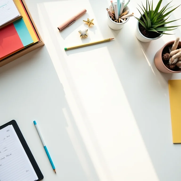 Mesa de trabalho organizada com arquivos e planner