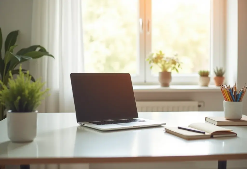 Mesa de trabalho organizada em home office.