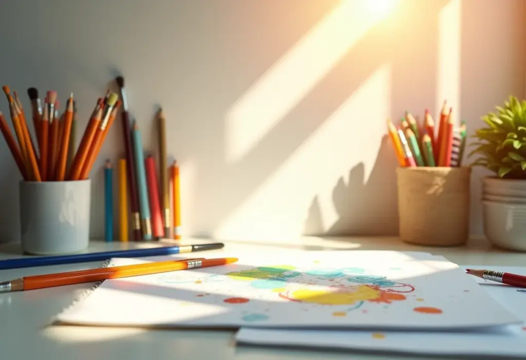 Mesa iluminada com materiais de arte diversos