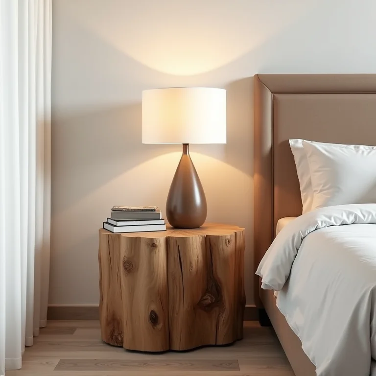 Mesa lateral com base de tronco de árvore