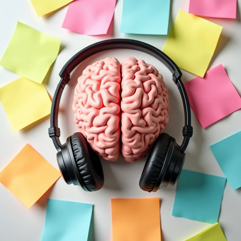 Modelo de cérebro cercado por notas adesivas e fones de ouvido emaranhados