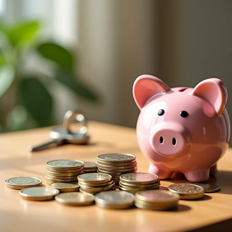 Moedas, cofrinho e chave de casa representando economia financeira