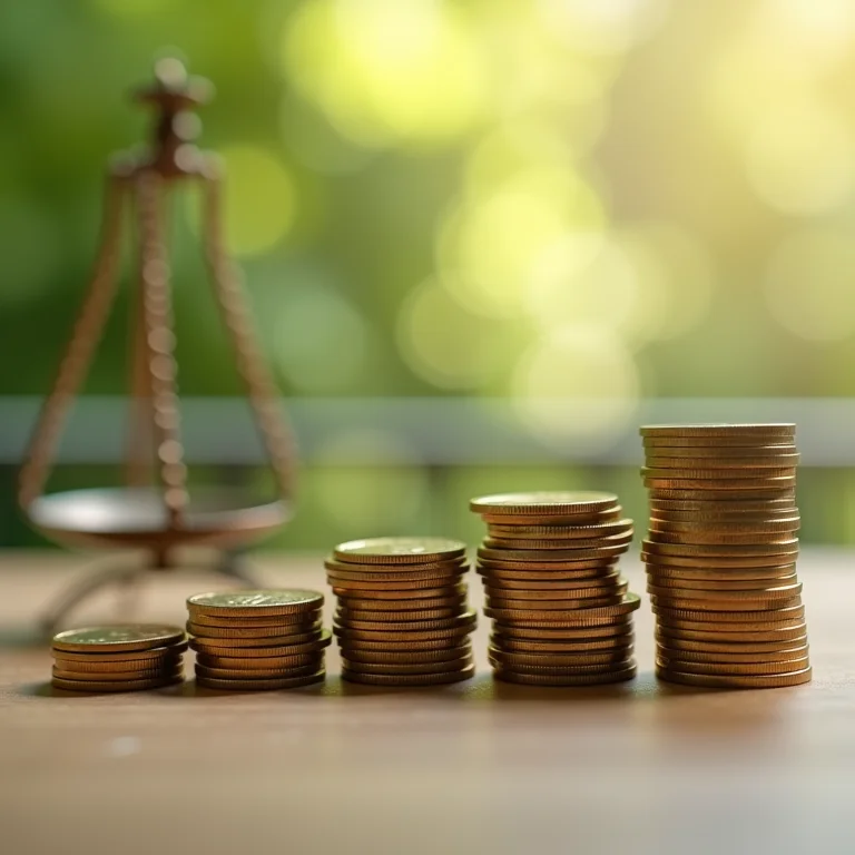 Moedas empilhadas sendo comparadas, com uma balança ao fundo.