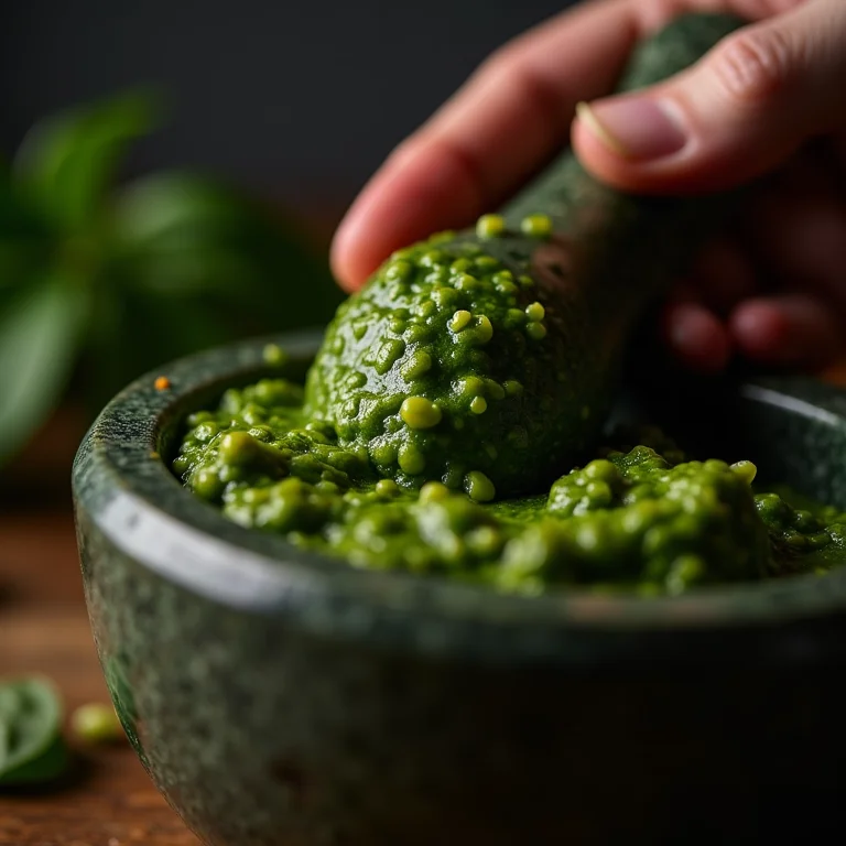Molho pesto caseiro sendo preparado com pilão.