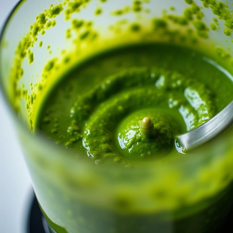 Molho pesto caseiro sendo preparado em um processador de alimentos.