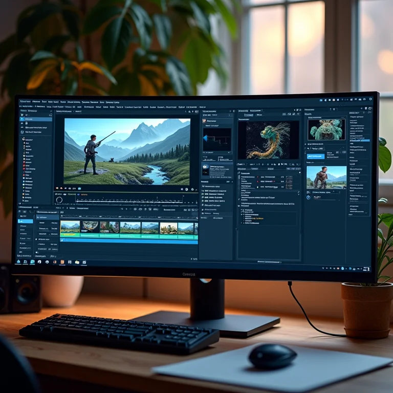Monitor mostrando diferentes usos (edição, jogos, trabalho)