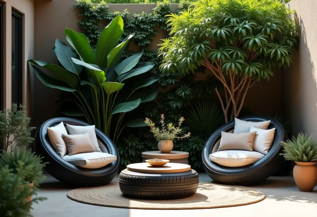 Móveis de pneu em área externa com design sustentável