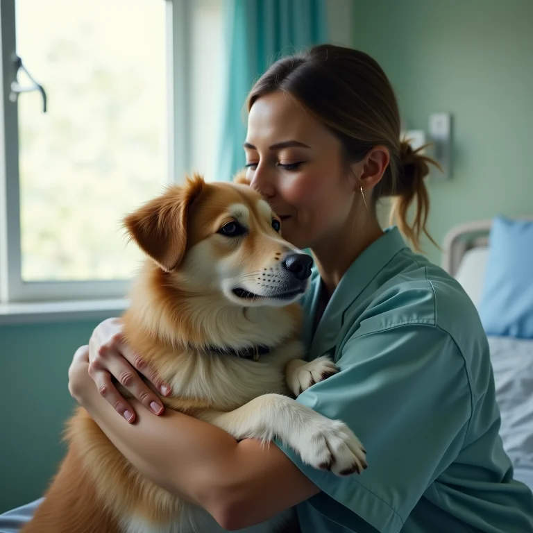 Mulher abraçando cachorro em quarto de hospital