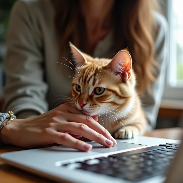 Mulher acariciando gato trabalhando em casa