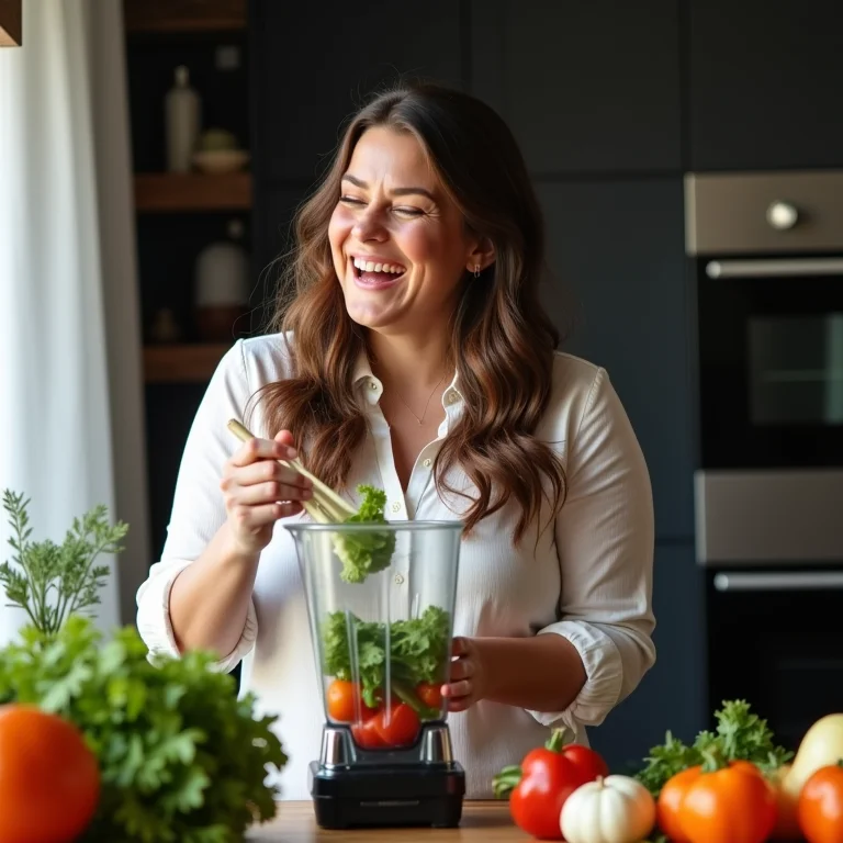 Mulher adicionando legumes ao liquidificador